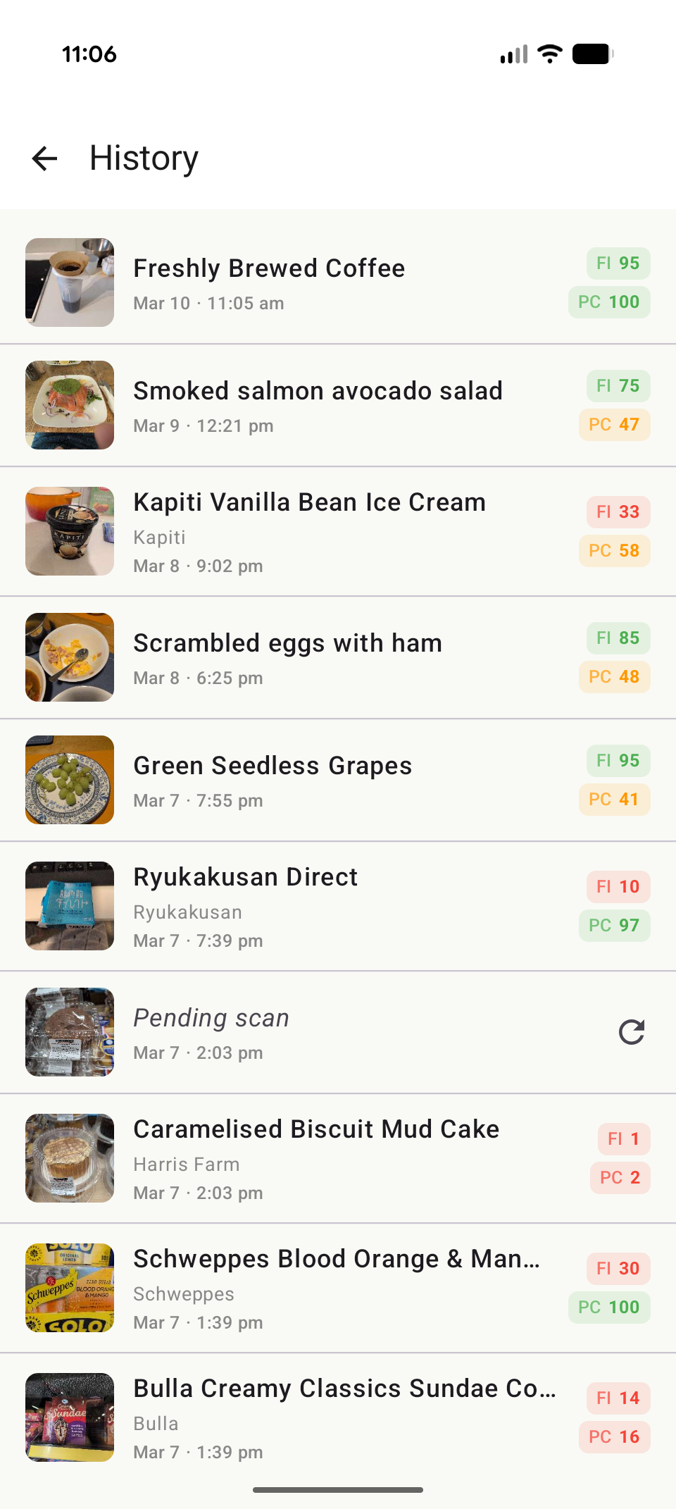 FoodKnower history screen