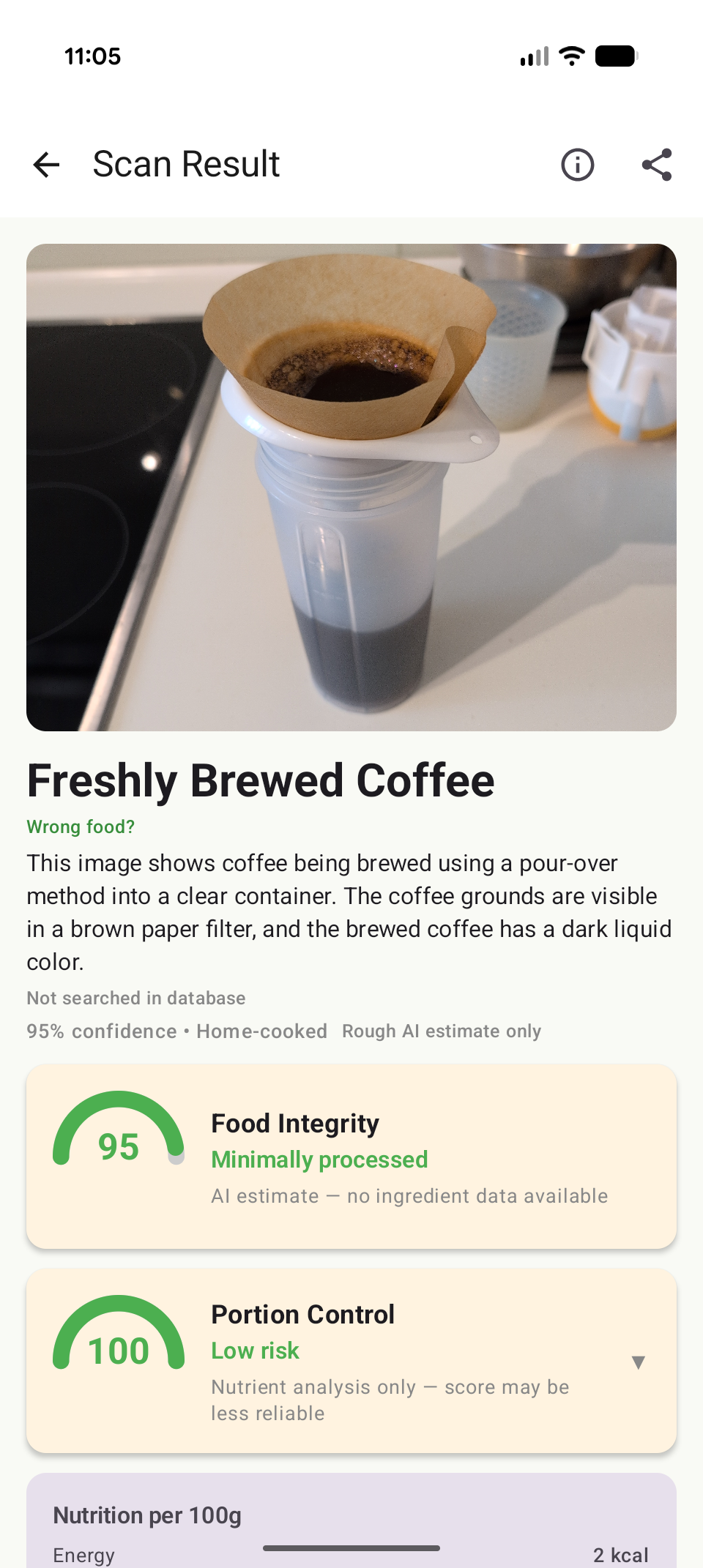 FoodKnower scan result screen